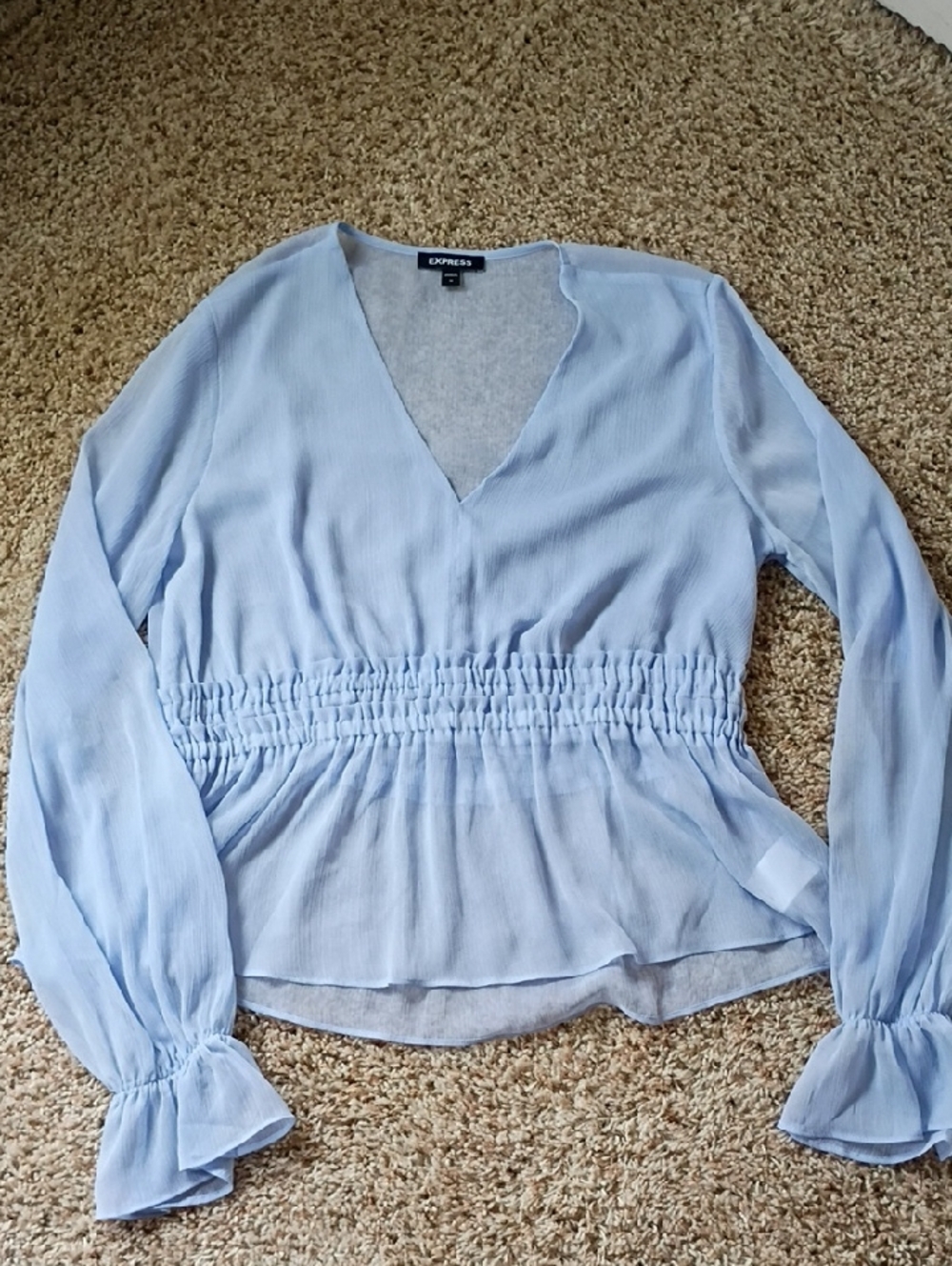 Express Pale Blue Smocked-Waist V-Neck Peplum Blouse